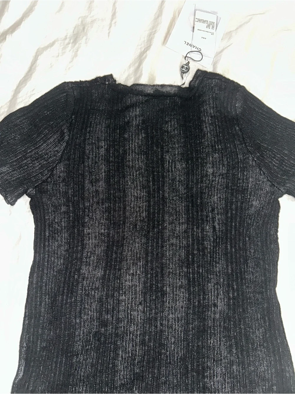 New CHANEL Black Ribbed Short Sleeve Knit Tee with Logo Charm